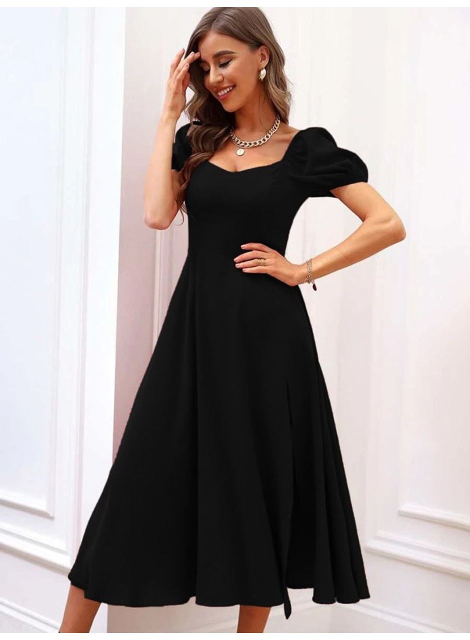 Kadın Kısa Kollu Kare Yakalı Yırtmaçlı Midi Janjan Krep Elbise