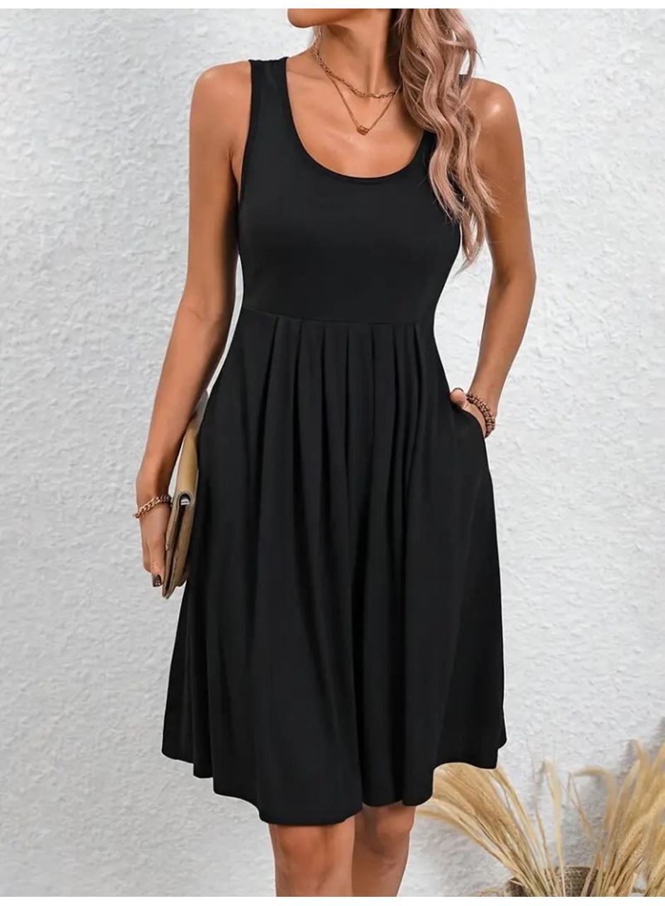 Kadın Askılı Yuvarlak Yaka önden Pileli Viskon Elbise