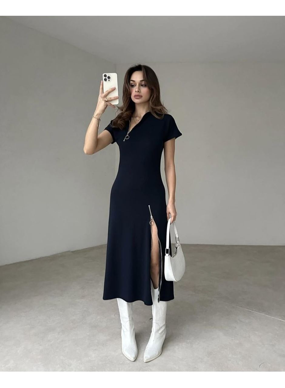 Kadın Kısa Kollu Yakadan Ve Etekten Fermuarlı Midi Viskon Iki Iplik Elbise