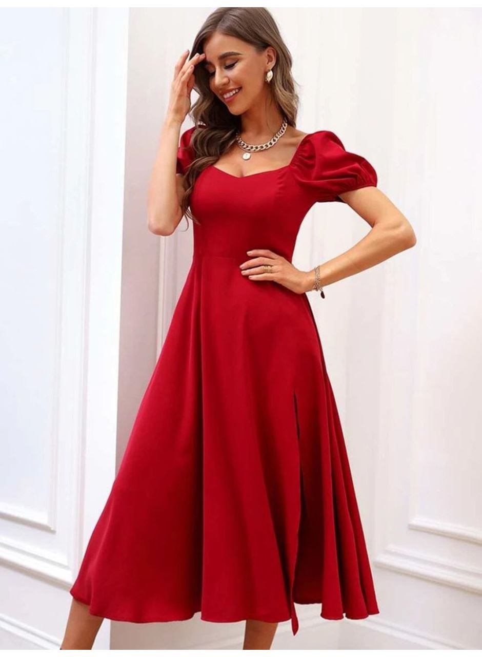 Kadın Kısa Kollu Kare Yakalı Yırtmaçlı Midi Janjan Krep Elbise