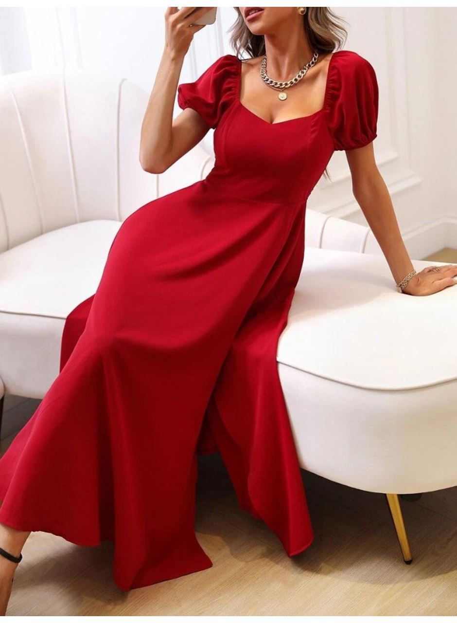 Kadın Kısa Kollu Kare Yakalı Yırtmaçlı Midi Janjan Krep Elbise