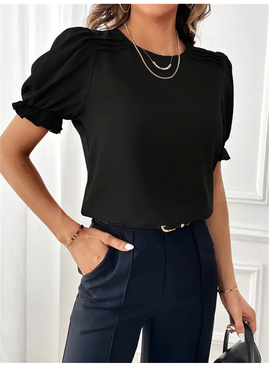 Kadın Kısa Kollu Bisiklet Yaka Kolları Gipeli Ithal Krep Bluz