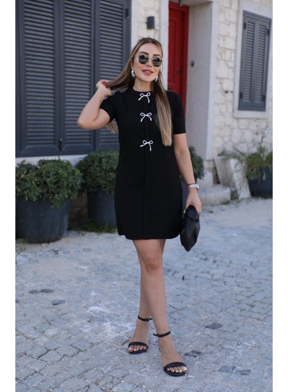 Kadın Kısa Kollu Bisiklet Yaka önden Fiyonk Detaylı Ithal Krep Elbise