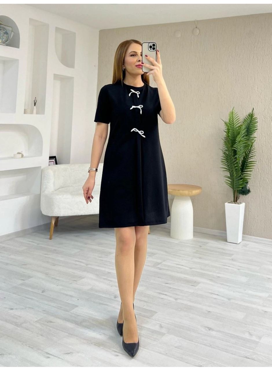 Kadın Kısa Kollu Bisiklet Yaka önden Fiyonk Detaylı Ithal Krep Elbise