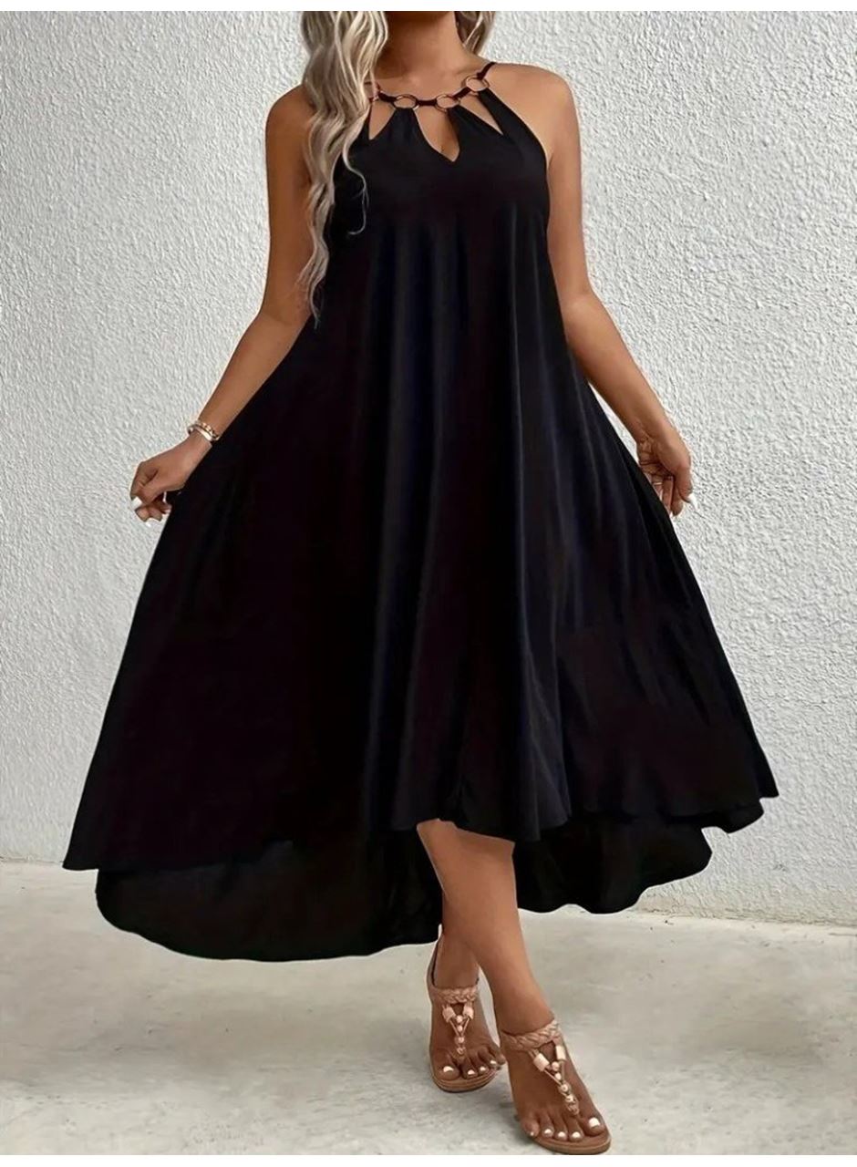 Kadın Boyundan Askılı Damla Detaylı Halkalı Asimetrik Kesim Viskon Elbise