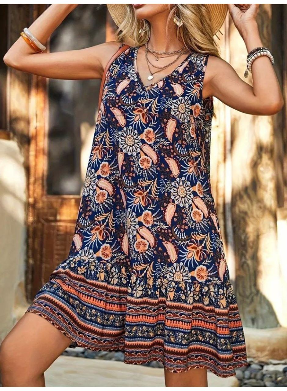 Kadın Askılı V Yakalı Fırfırlı Desenli Süprem Kısa Elbise