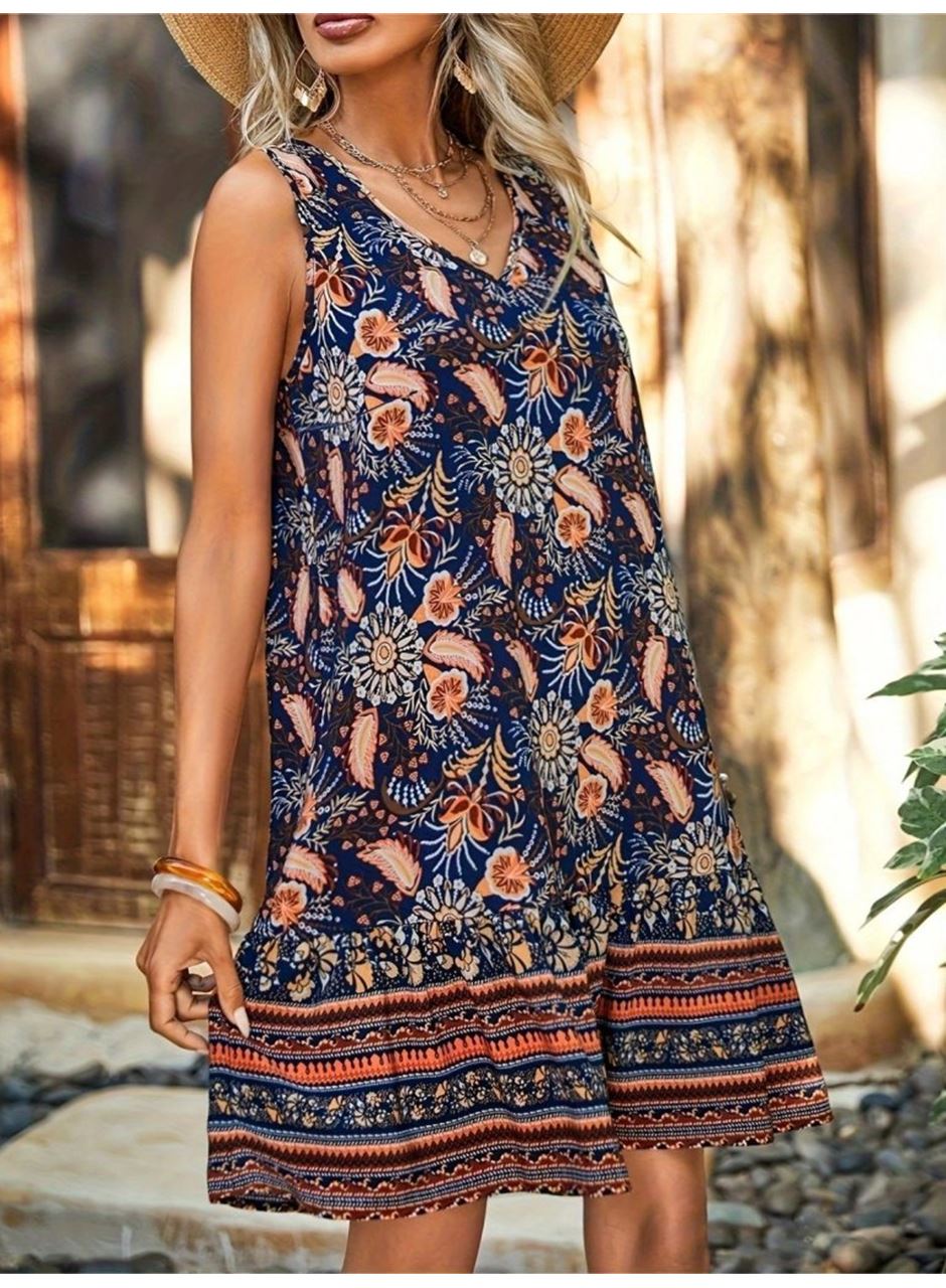 Kadın Askılı V Yakalı Fırfırlı Desenli Süprem Kısa Elbise