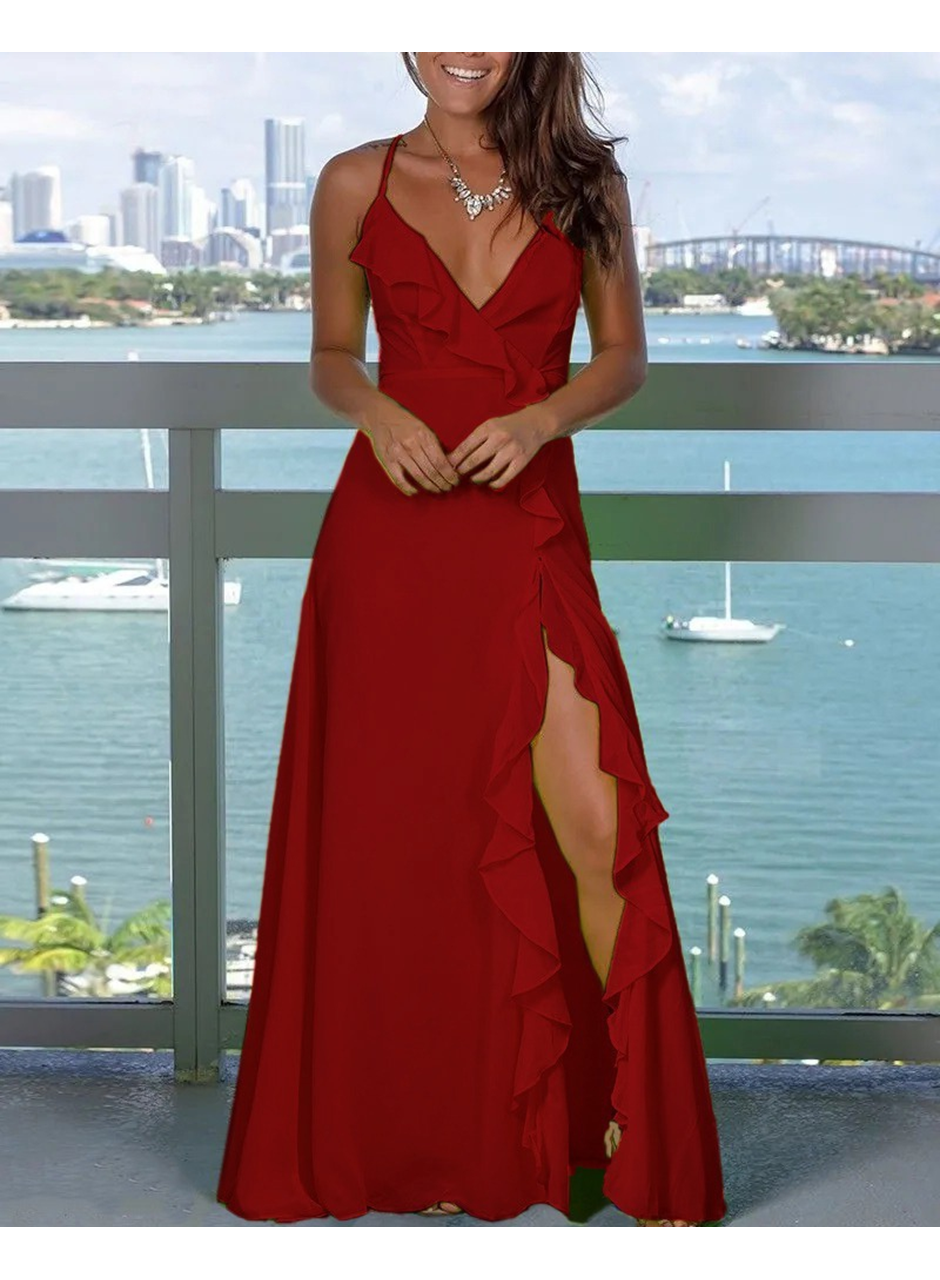 Kadın Ip Askılı Dekolteli Yırtmaç Detay Krep Elbise