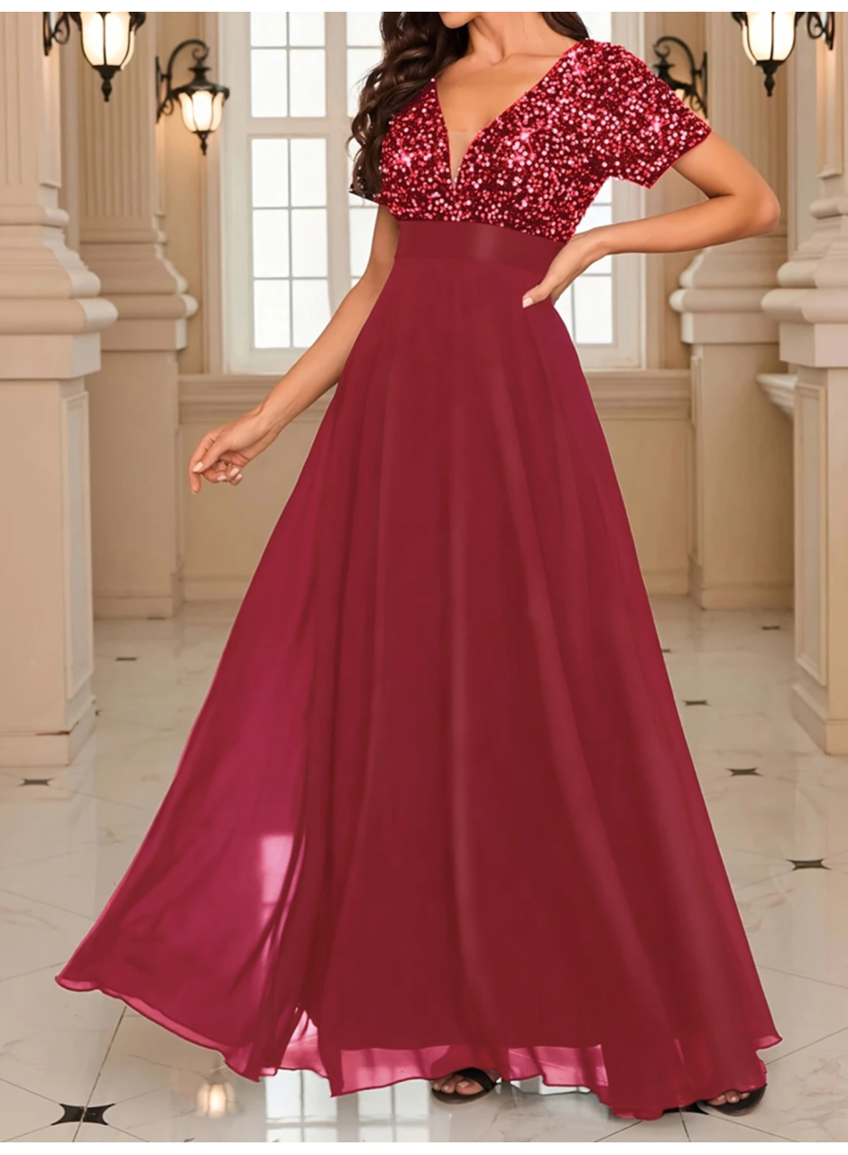 Kadın Kısa Kollu Derin V Yakalı A Kesim Pulpayet Detaylı şifon Nedime Elbisesi