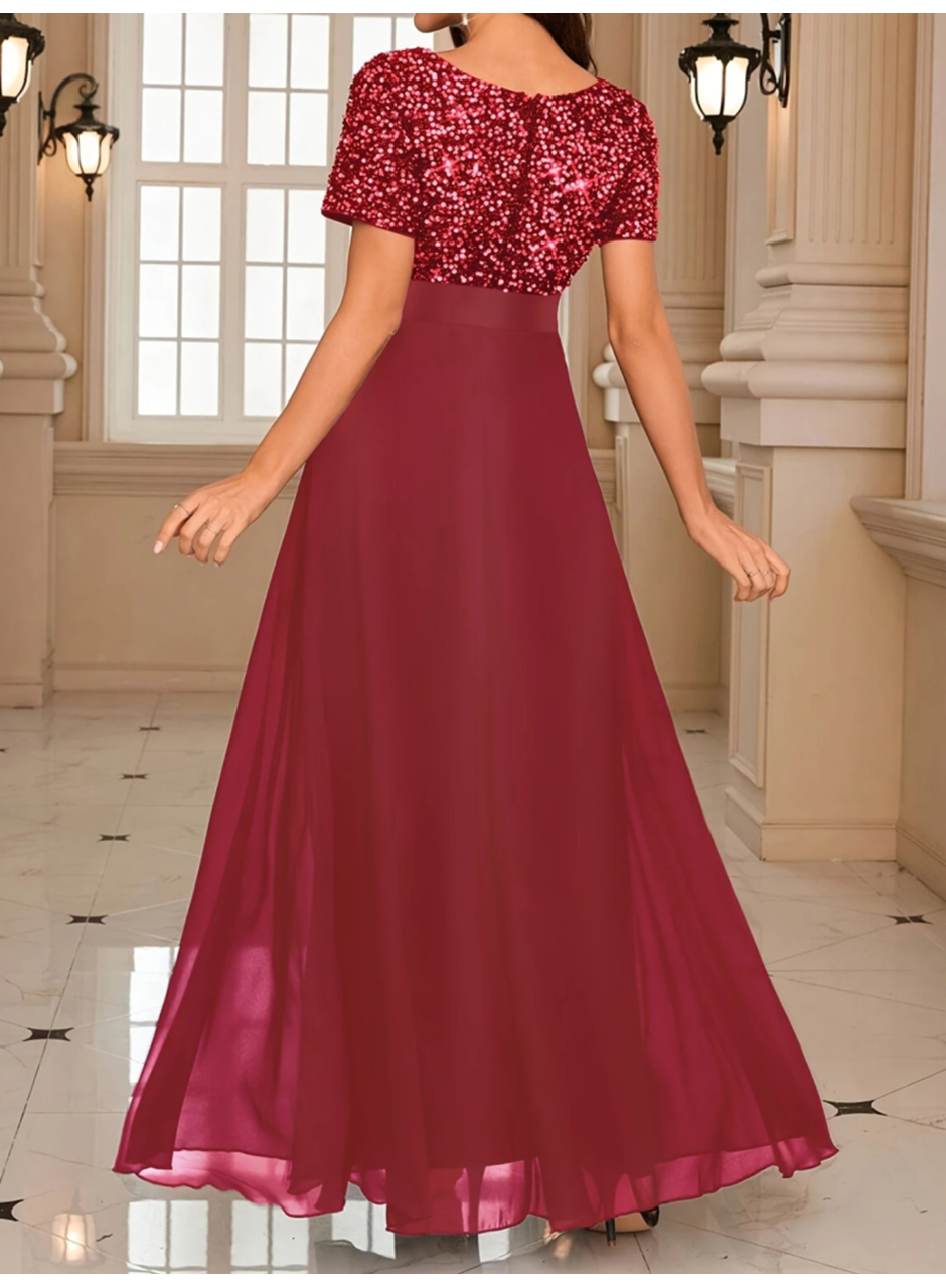 Kadın Kısa Kollu Derin V Yakalı A Kesim Pulpayet Detaylı şifon Nedime Elbisesi