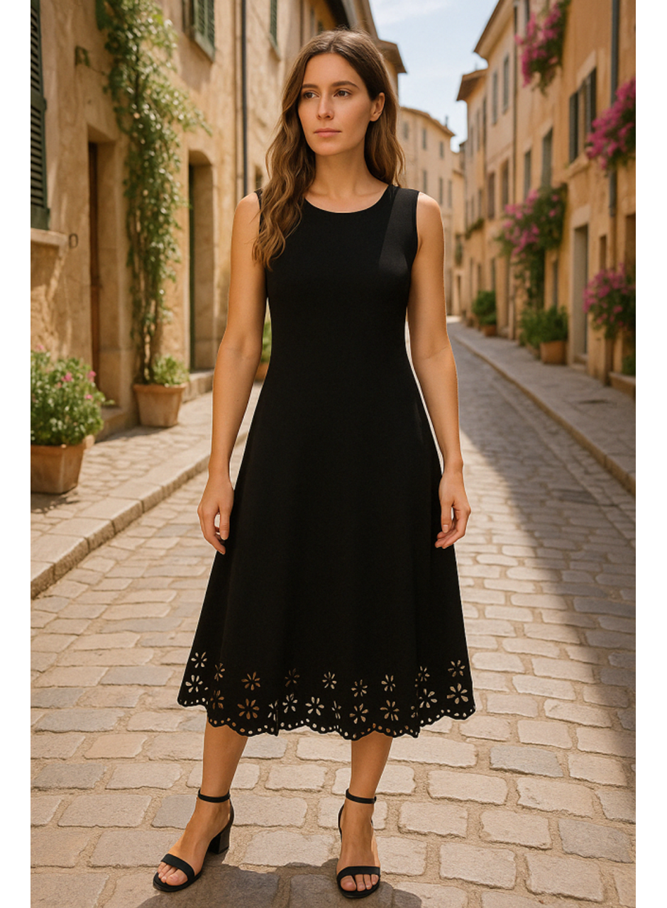 Kadın Kolsuz Etek Ucu Lazer Kesim çiçek Desenli Midi Boy Ithal Krep Elbise