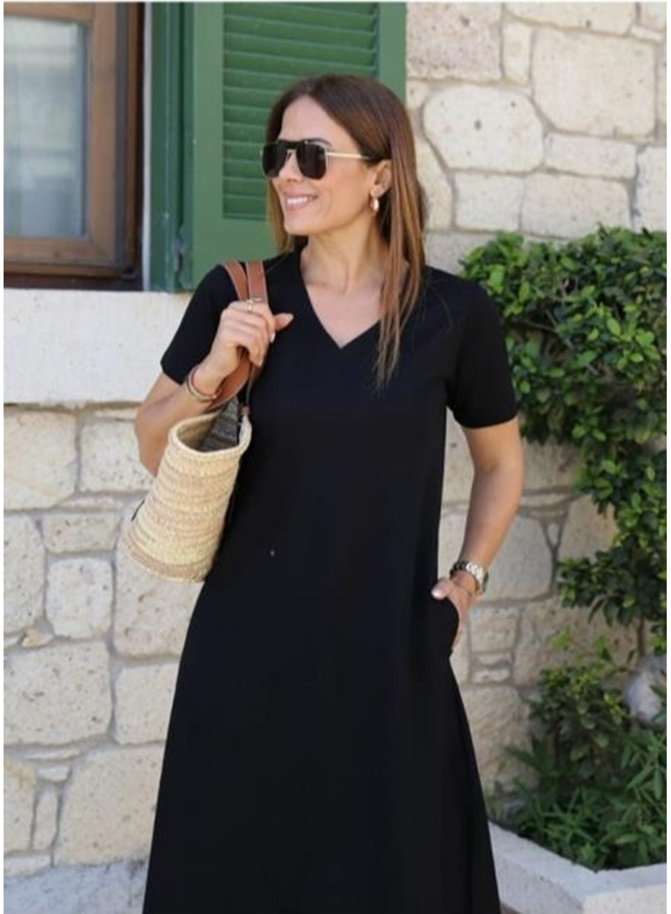 Kadın Kısa Kollu V Yaka Cepli A Kesim Detaylı Viskon Elbise