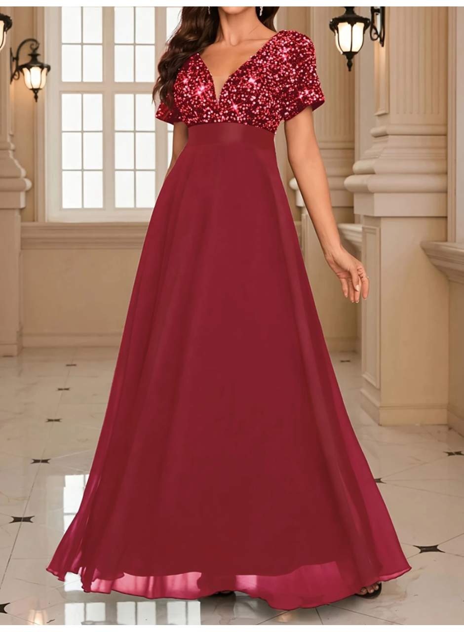 Kadın Kısa Kollu Derin V Yakalı A Kesim Pulpayet Detaylı şifon Nedime Elbisesi