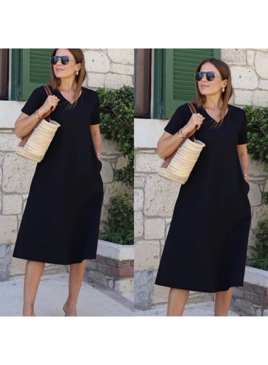 Kadın Kısa Kollu V Yaka Cepli A Kesim Detaylı Viskon Elbise