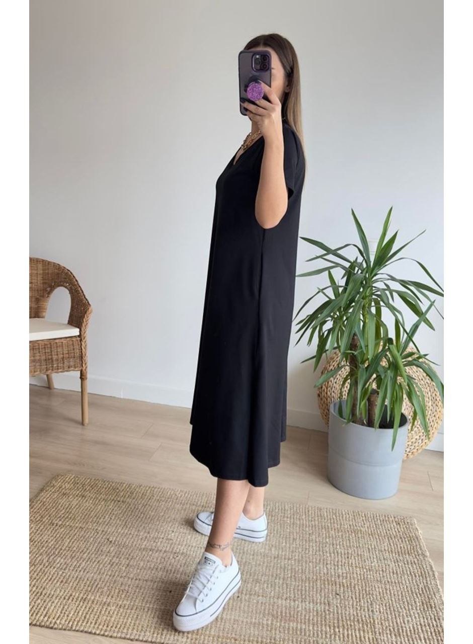 Kadın Kısa Kollu V Yaka Cepli A Kesim Detaylı Viskon Elbise