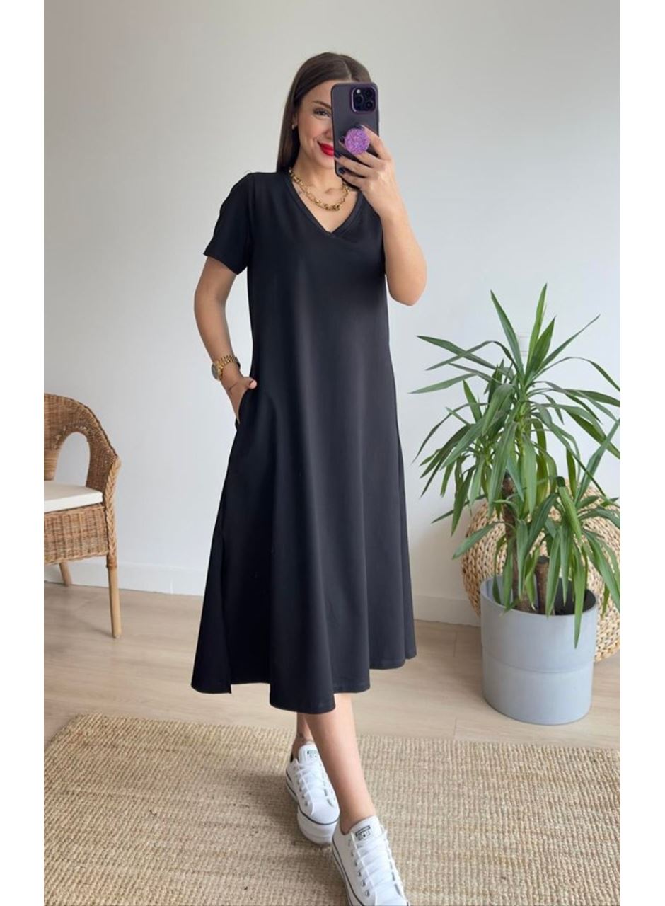 Kadın Kısa Kollu V Yaka Cepli A Kesim Detaylı Viskon Elbise