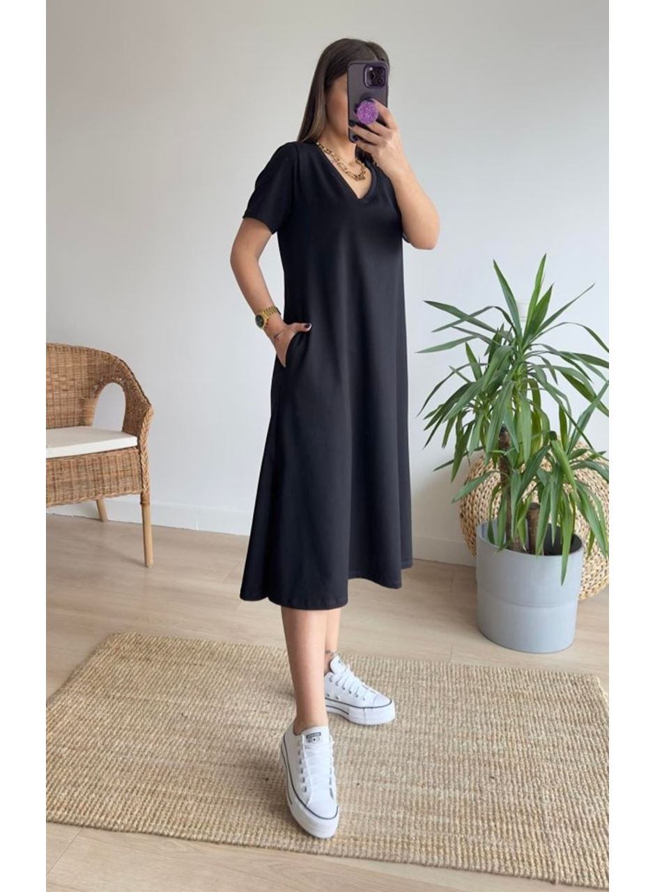 Kadın Kısa Kollu V Yaka Cepli A Kesim Detaylı Viskon Elbise