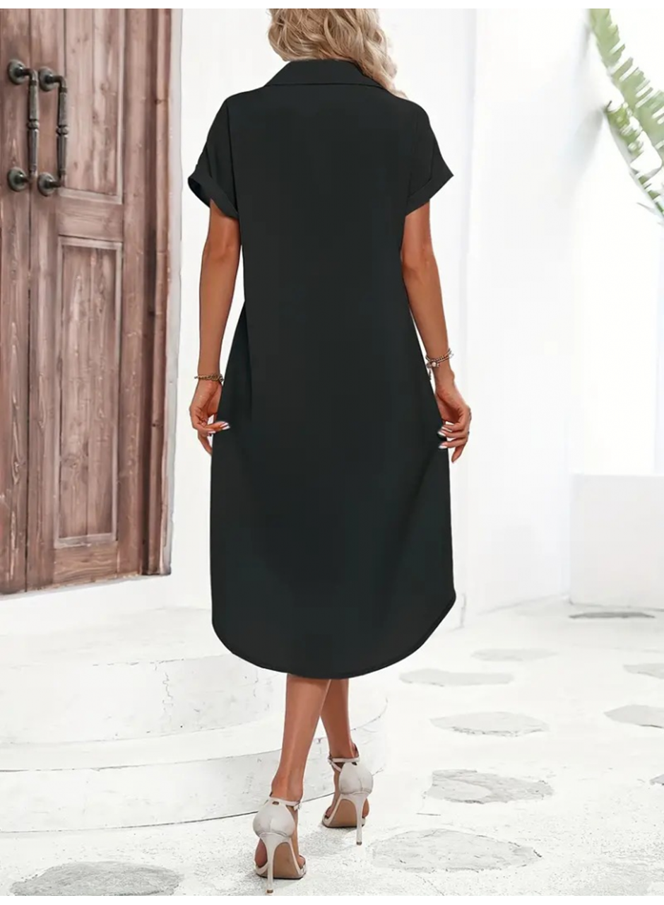 Kadın Kısa Kollu Yakalı Düğme Detay Midi Dokuma Elbise