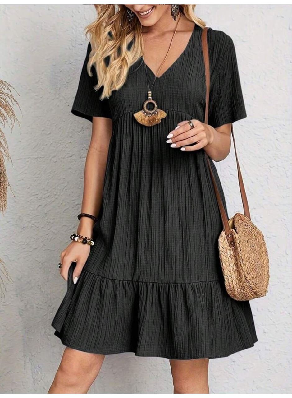 Kadın Kısa Kollu V Yakalı Fırfırlı Bürümcük Elbise