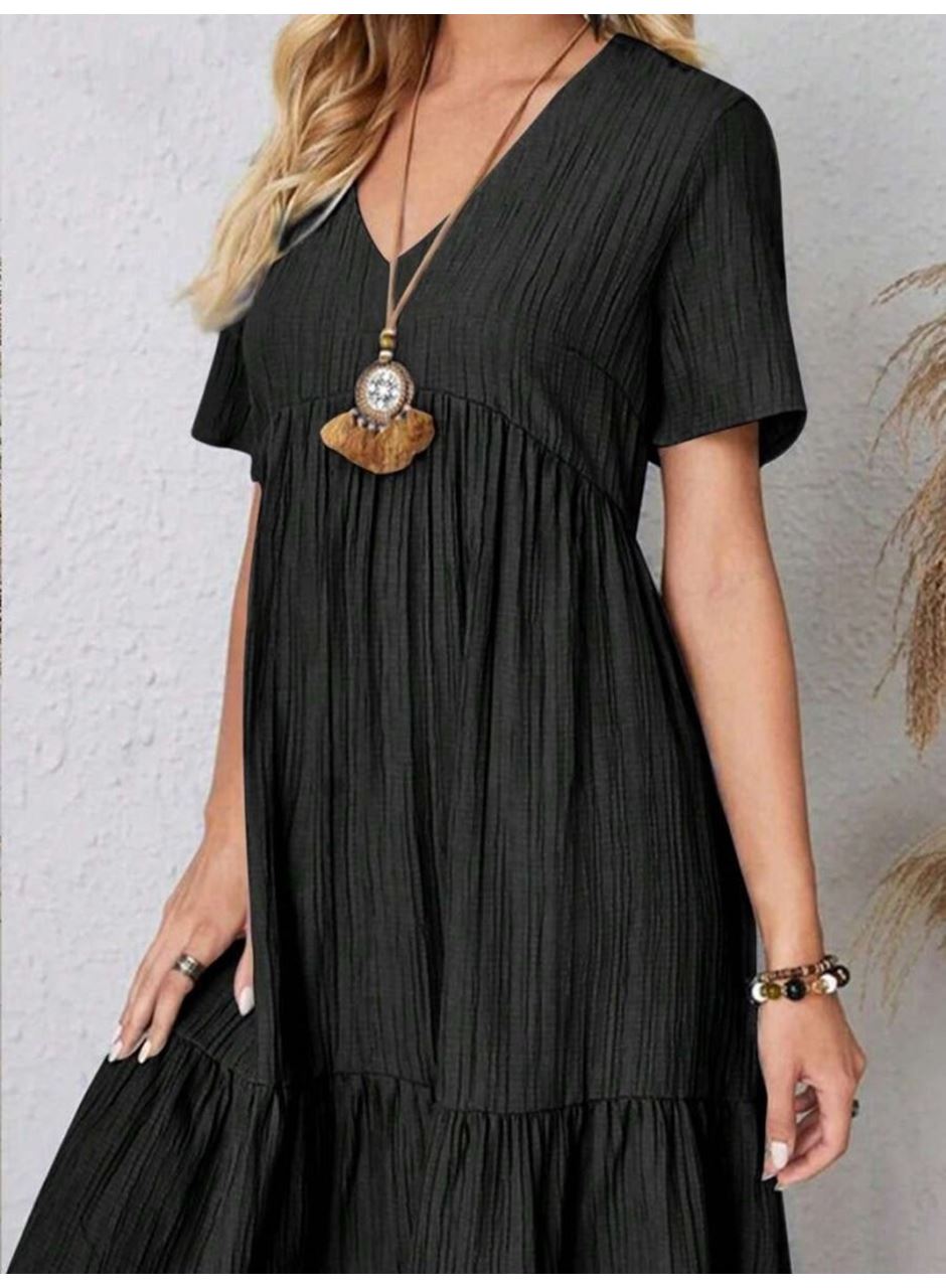 Kadın Kısa Kollu V Yakalı Fırfırlı Bürümcük Elbise