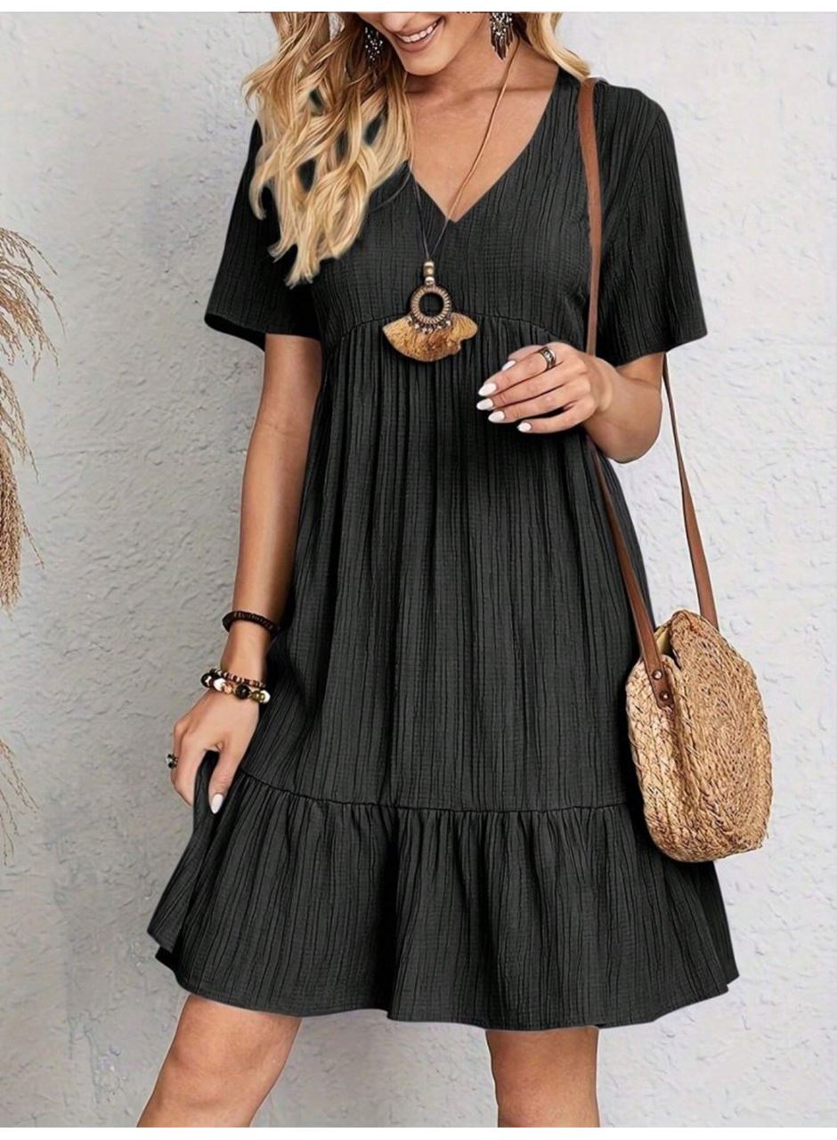 Kadın Kısa Kollu V Yakalı Fırfırlı Bürümcük Elbise
