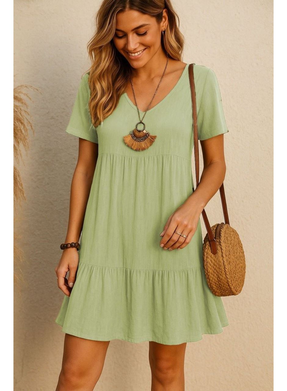 Kadın Kısa Kollu V Yakalı Fırfırlı Bürümcük Elbise