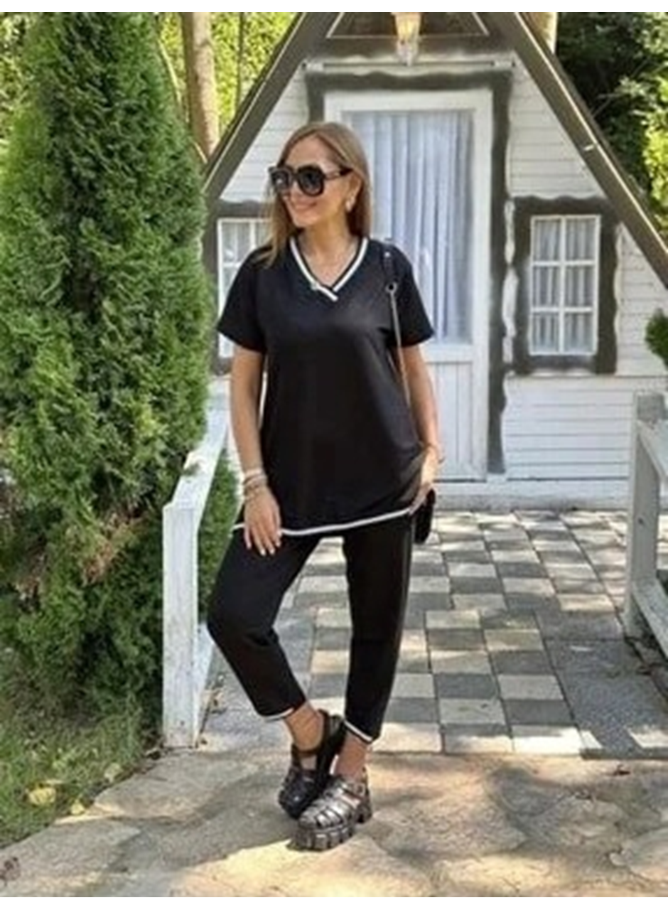 Kadın Kısa Kollu V Yakalı Iki Iplik Bluz Ve Pantolon Ikili Takım