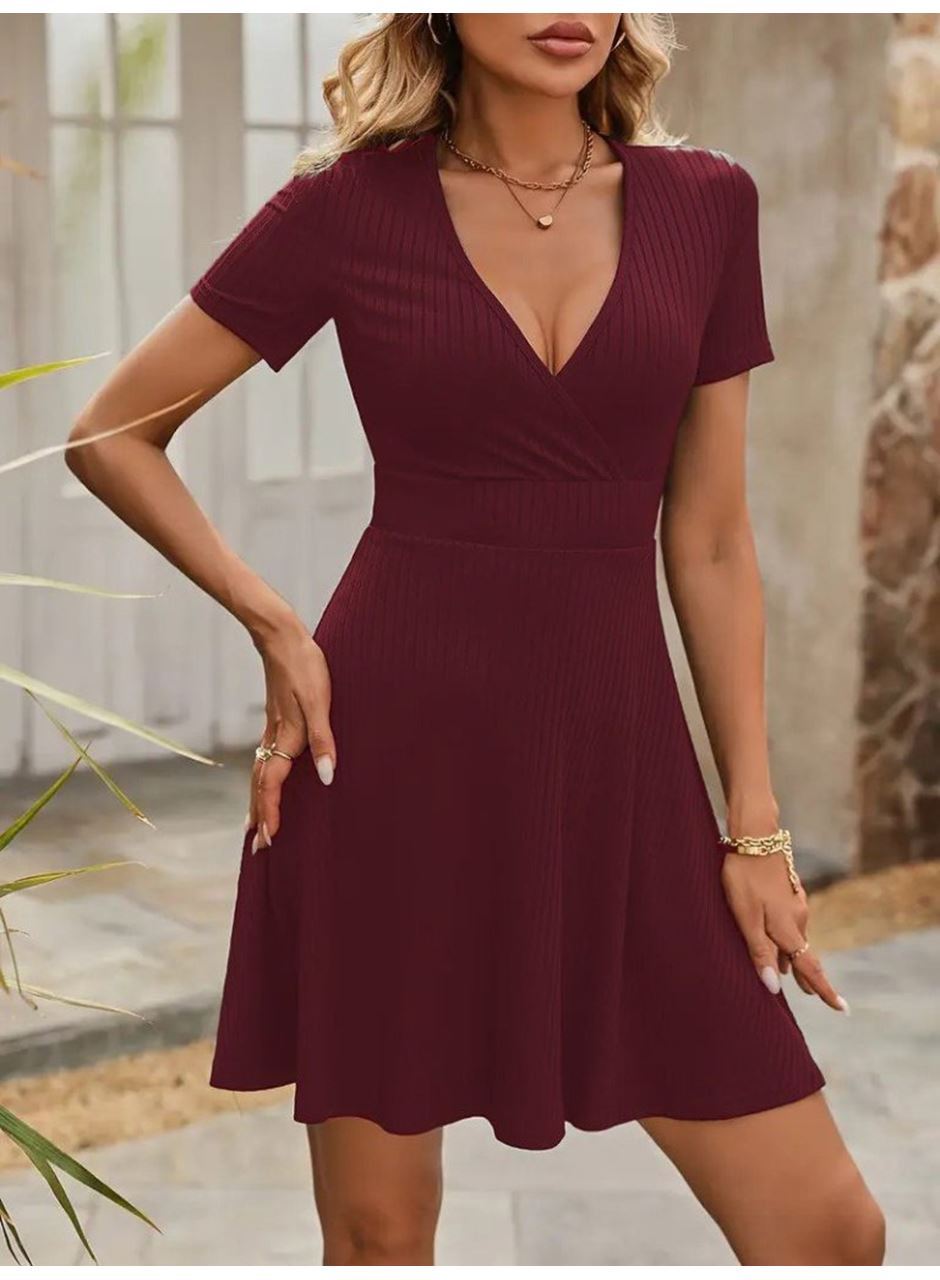 Kadın Kısa Kollu Kruvaze Yaka A Kesim Kalın Fitilli Kaşkorse Elbise