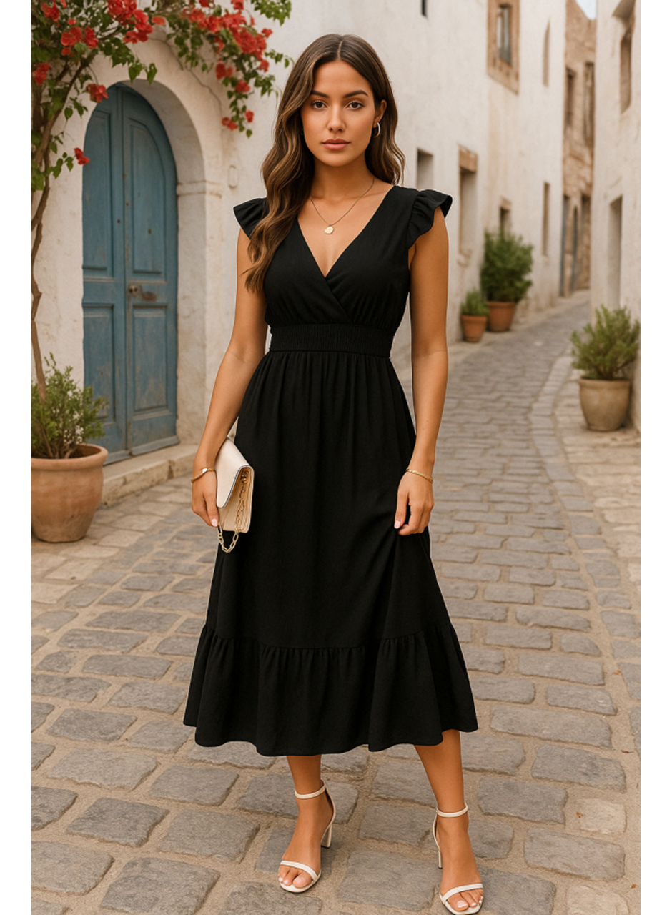 Kadın Kısa Kollu Kruvaze Yakalı Beli Lastikli Müslim Elbise