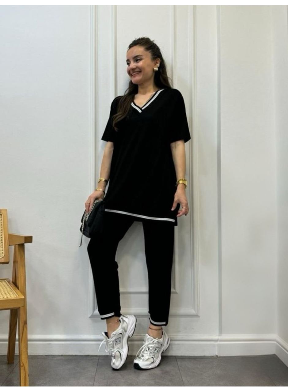 Kadın Kısa Kollu V Yakalı Iki Iplik Bluz Ve Pantolon Ikili Takım