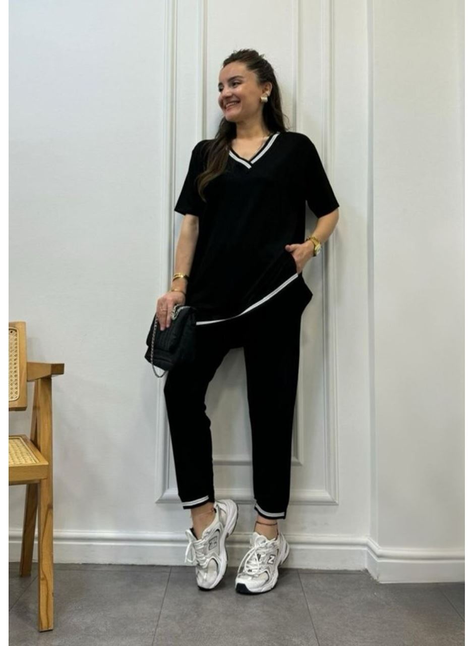 Kadın Kısa Kollu V Yakalı Iki Iplik Bluz Ve Pantolon Ikili Takım