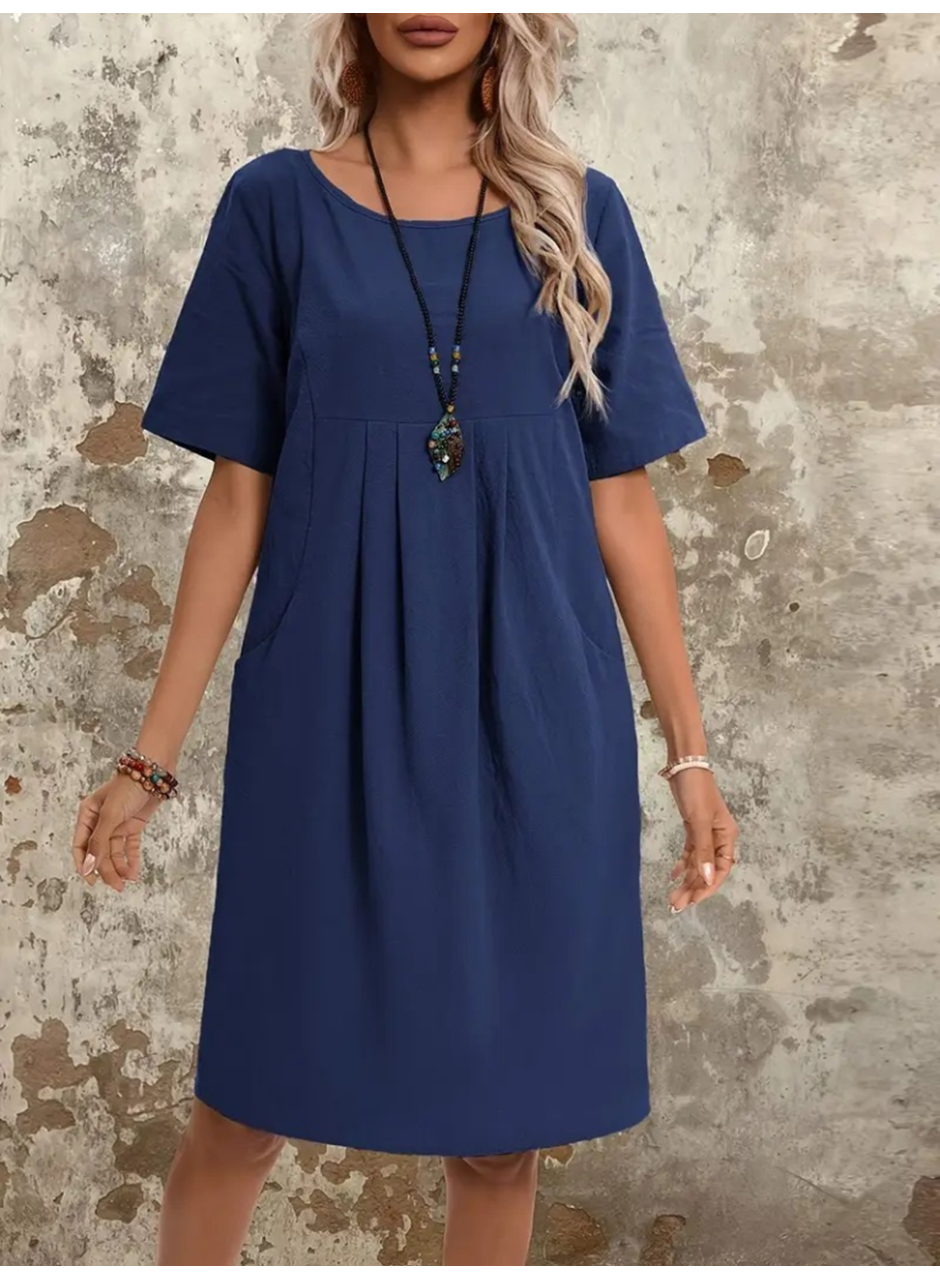 Kadın Kısa Kollu Yakası Açık önden Büzgülü Cep Detaylı Viskon Iki Iplik Elbise