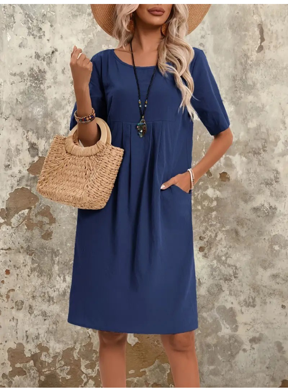 Kadın Kısa Kollu Yakası Açık önden Büzgülü Cep Detaylı Viskon Iki Iplik Elbise