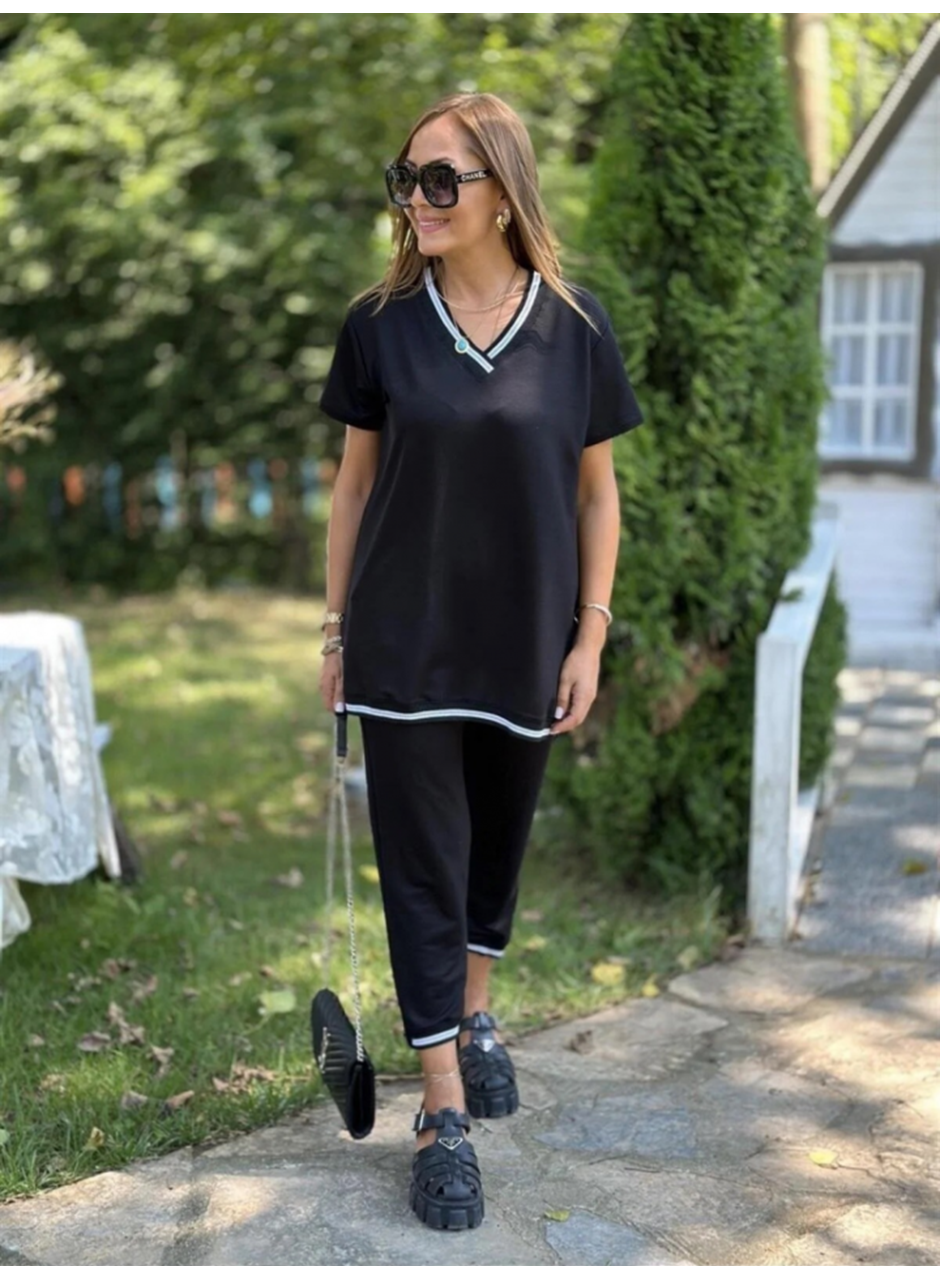 Kadın Kısa Kollu V Yakalı Iki Iplik Bluz Ve Pantolon Ikili Takım