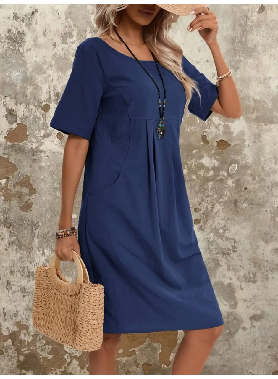 Kadın Kısa Kollu Yakası Açık önden Büzgülü Cep Detaylı Viskon Iki Iplik Elbise
