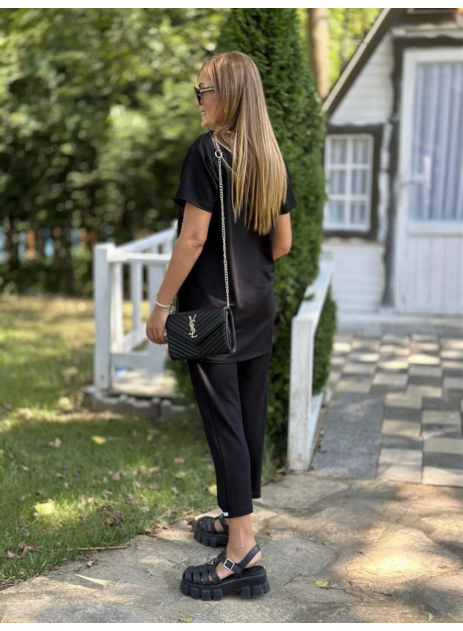 Kadın Kısa Kollu V Yakalı Iki Iplik Bluz Ve Pantolon Ikili Takım