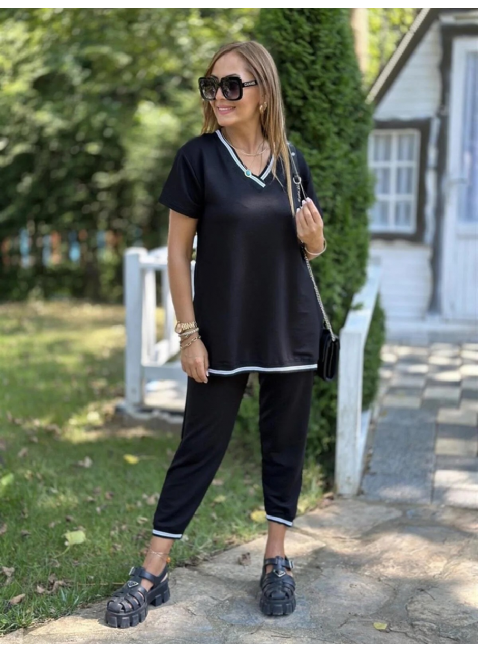 Kadın Kısa Kollu V Yakalı Iki Iplik Bluz Ve Pantolon Ikili Takım