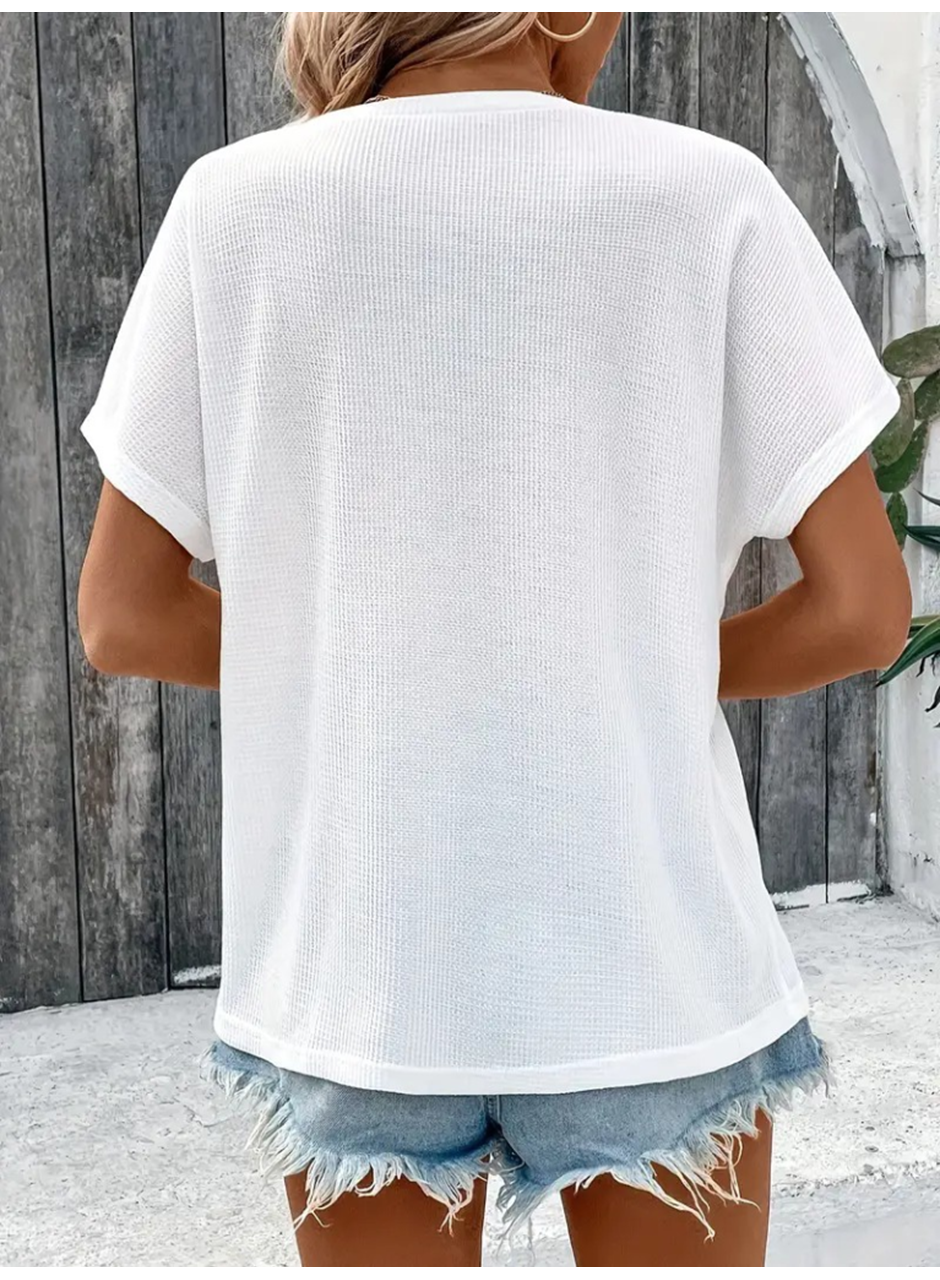 Kadın Kısa Kollu Yakası Açık önden Düğmeli Waffle Bluz