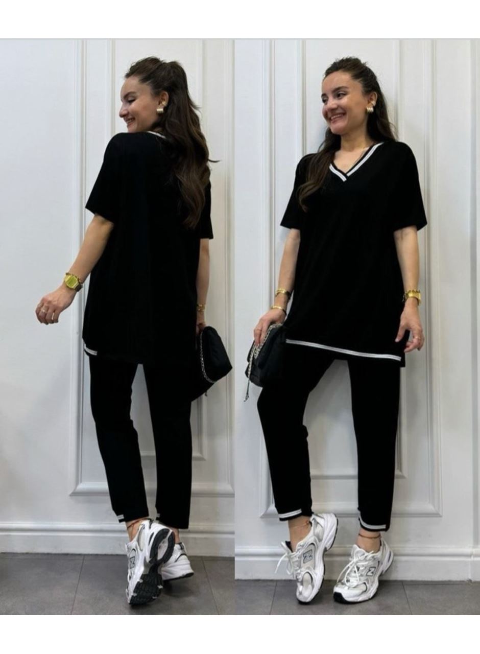 Kadın Kısa Kollu V Yakalı Iki Iplik Bluz Ve Pantolon Ikili Takım