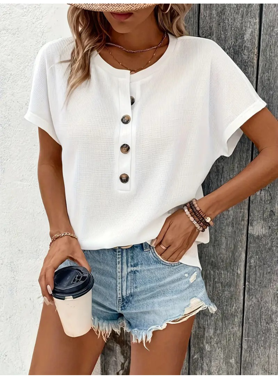 Kadın Kısa Kollu Yakası Açık önden Düğmeli Waffle Bluz