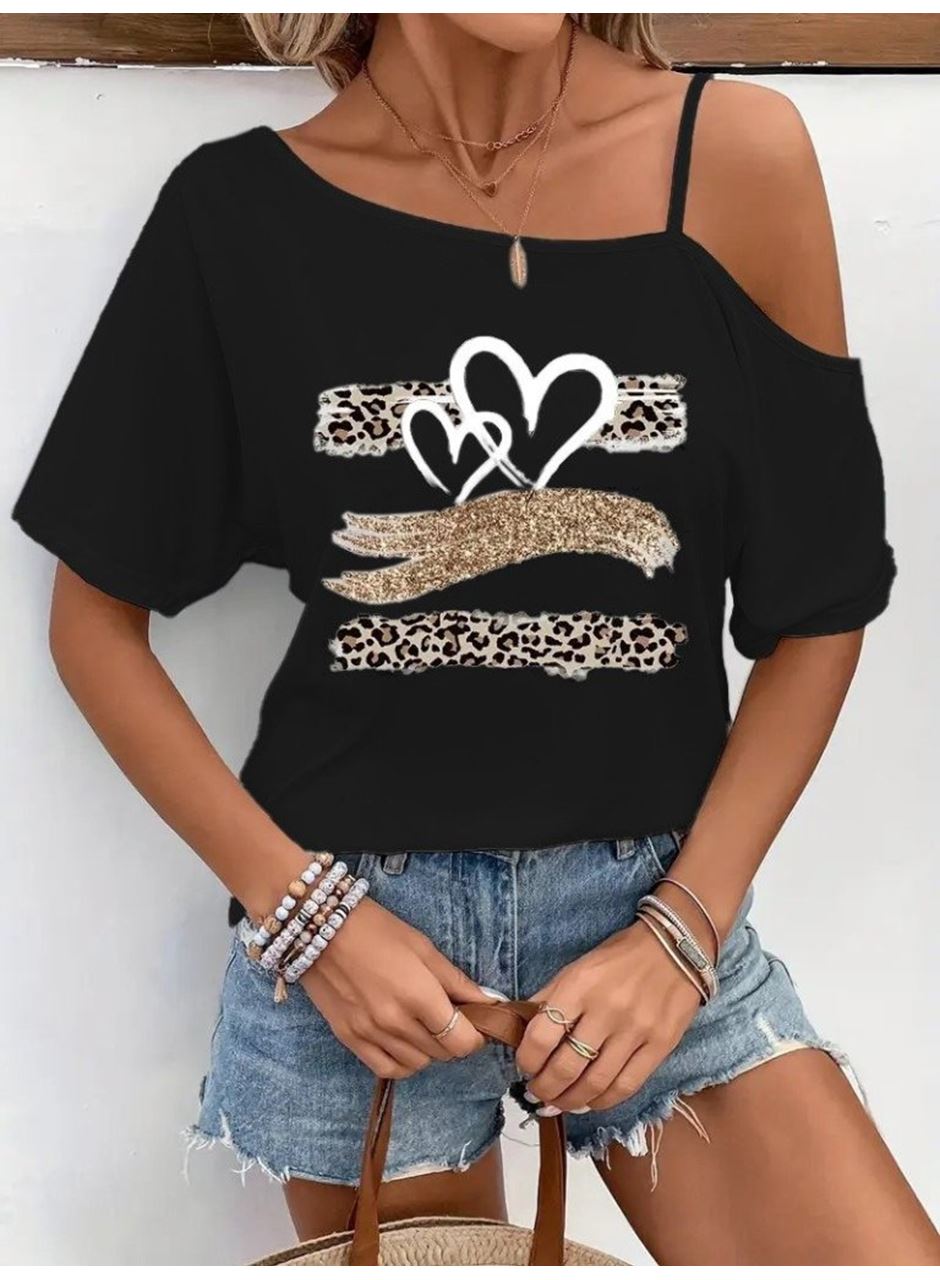 Kadın Tek Omuzu Açık Ip Askılı Baskılı Viskon Bluz