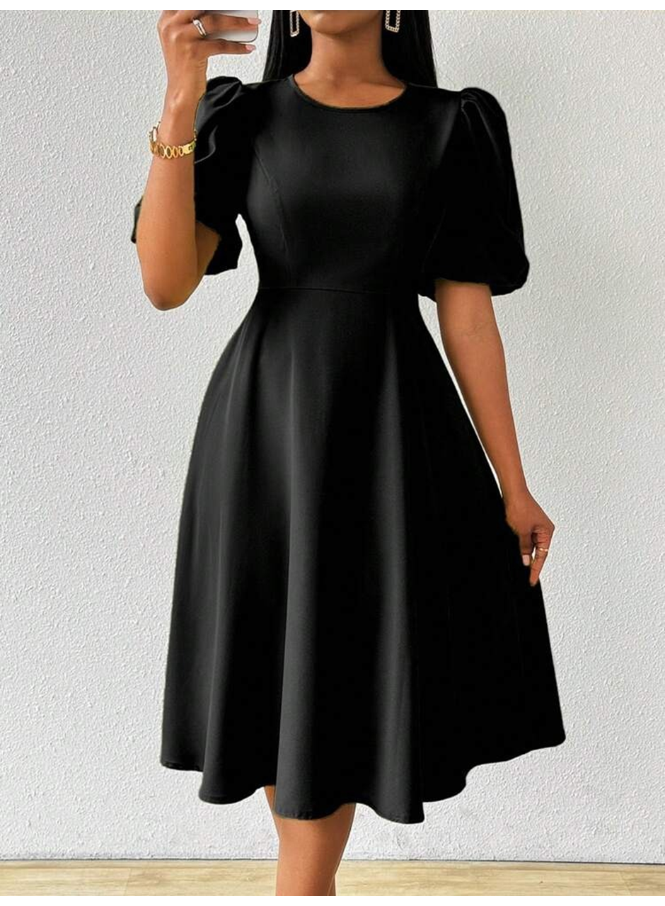 Kadın Kısa Balon Kollu Bisiklet Yaka Kiloş Janjan Krep Elbise