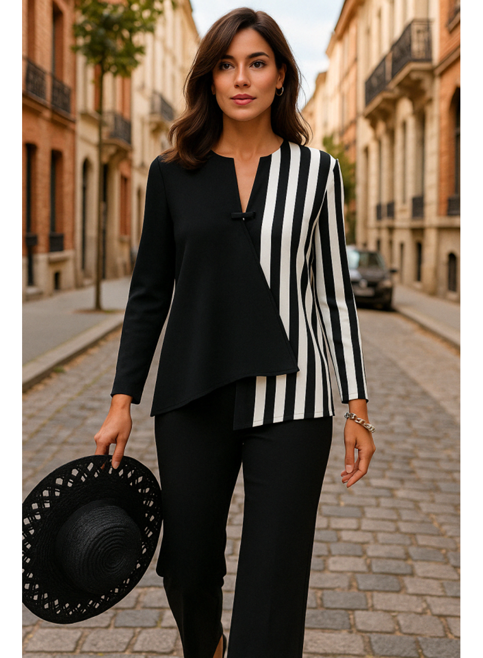 Kadın Keten Kumaş çizgi Desenli Uzun Kollu Bluz