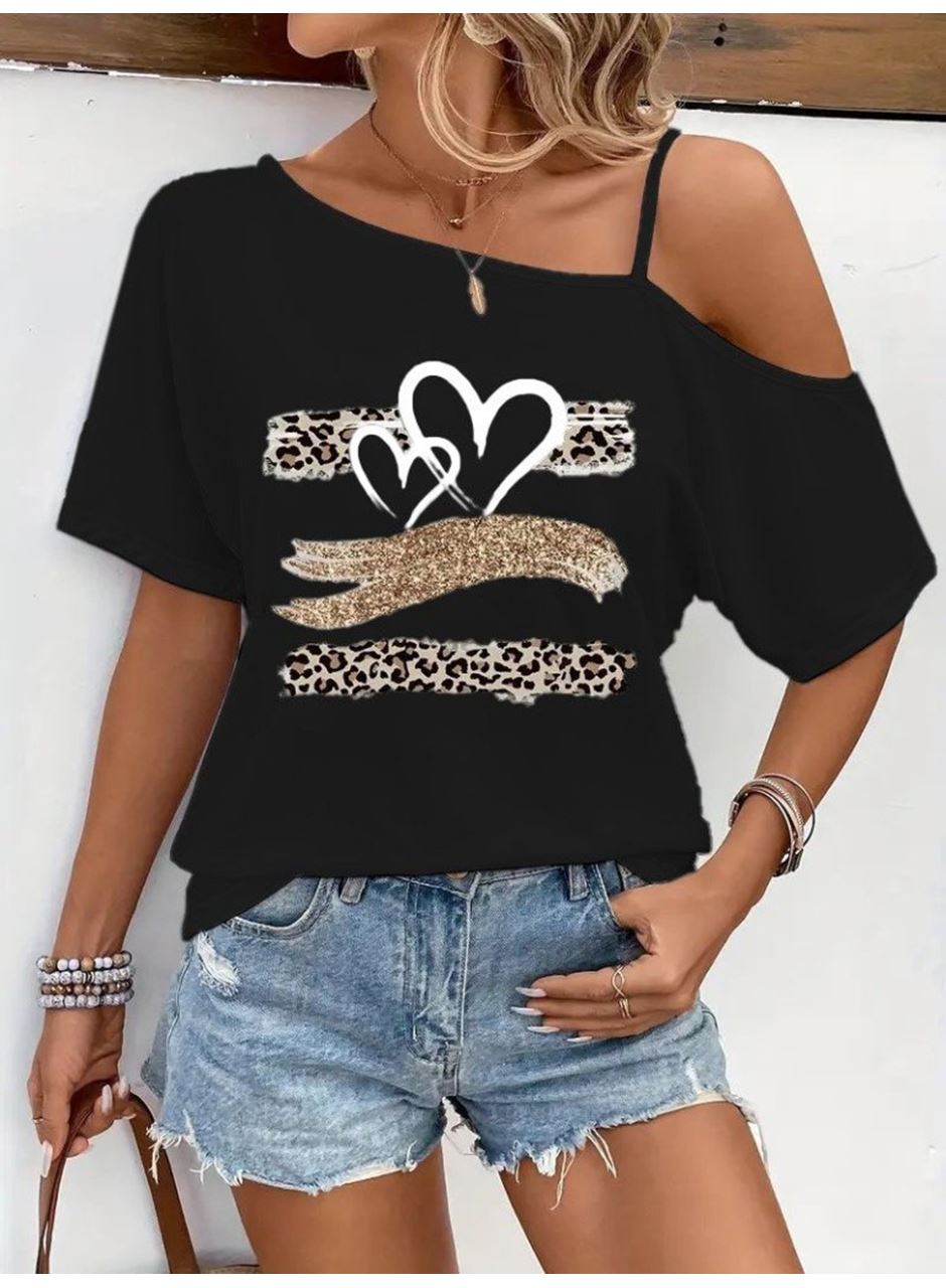 Kadın Tek Omuzu Açık Ip Askılı Baskılı Viskon Bluz