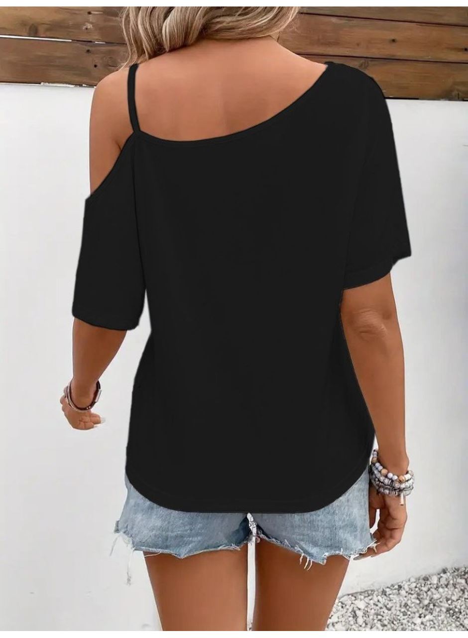 Kadın Tek Omuzu Açık Ip Askılı Baskılı Viskon Bluz