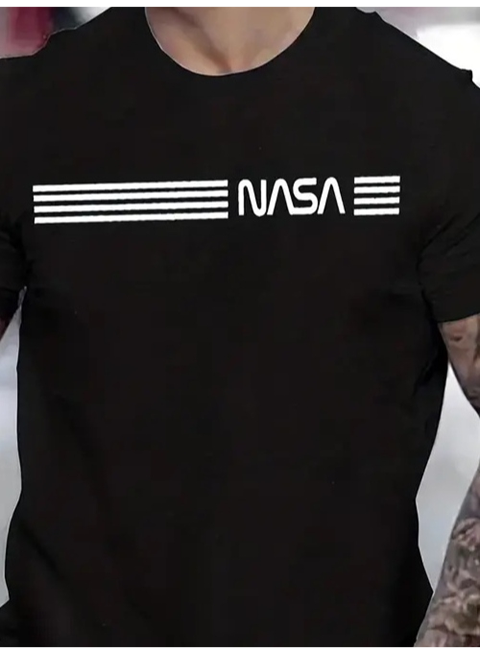 Erkek Kısa Kollu NASA Baskı Bisiklet Yaka T-shirt