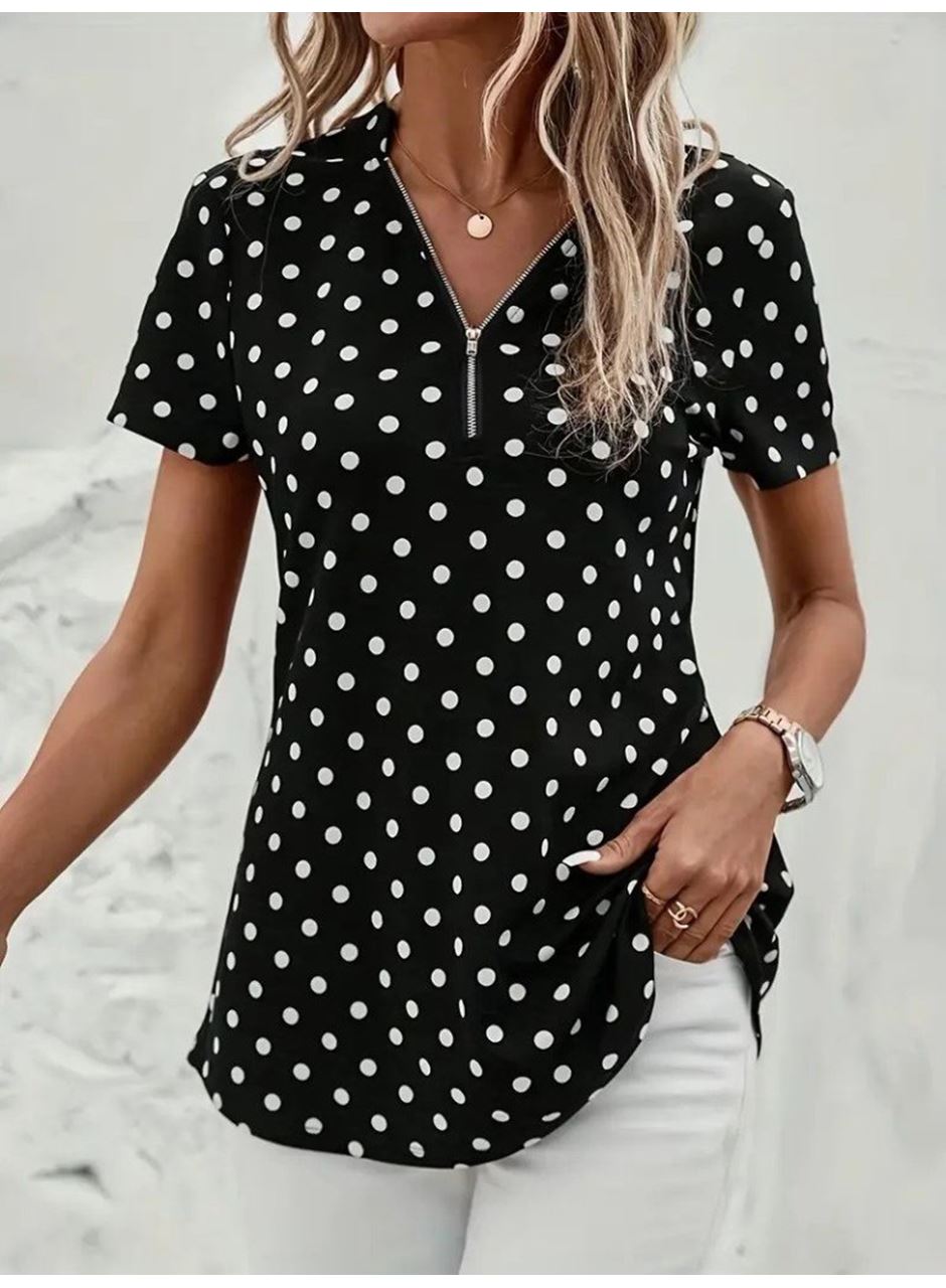 Kadın Kısa Kollu Yakadan Fermuarlı Puantiyeli Uzun Dokuma Viskon Bluz