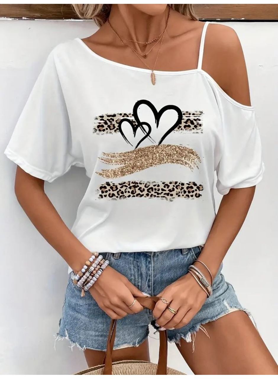 Kadın Tek Omuzu Açık Ip Askılı Baskılı Viskon Bluz