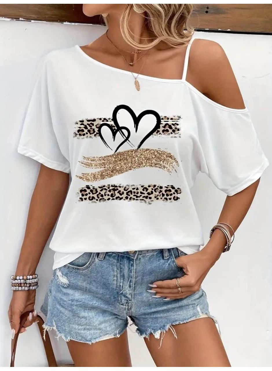 Kadın Tek Omuzu Açık Ip Askılı Baskılı Viskon Bluz