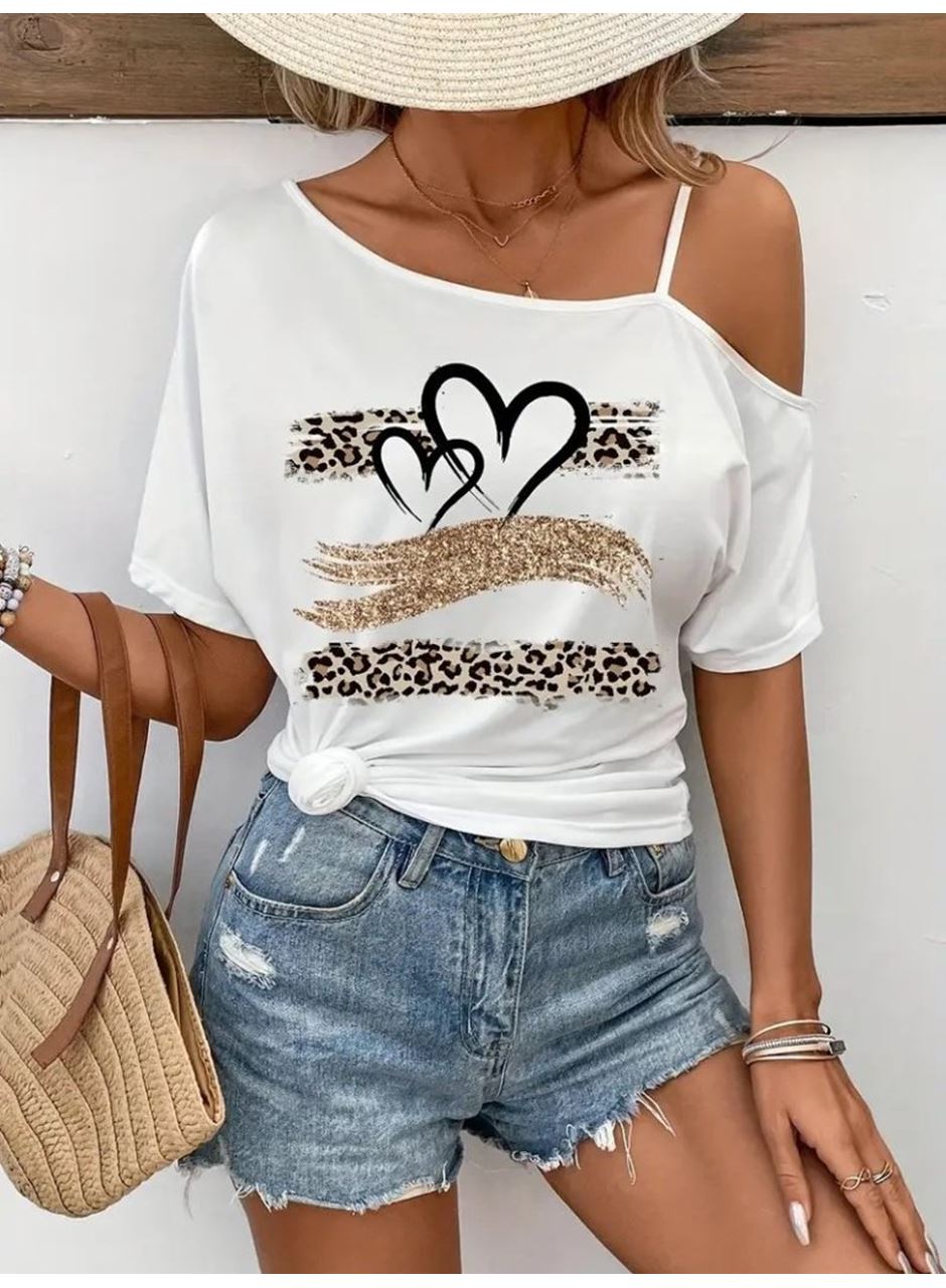 Kadın Tek Omuzu Açık Ip Askılı Baskılı Viskon Bluz